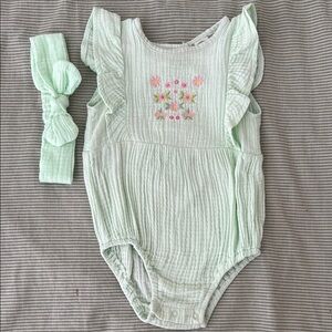 Mint Green Baby Romper with Floral Embroidery and Headband